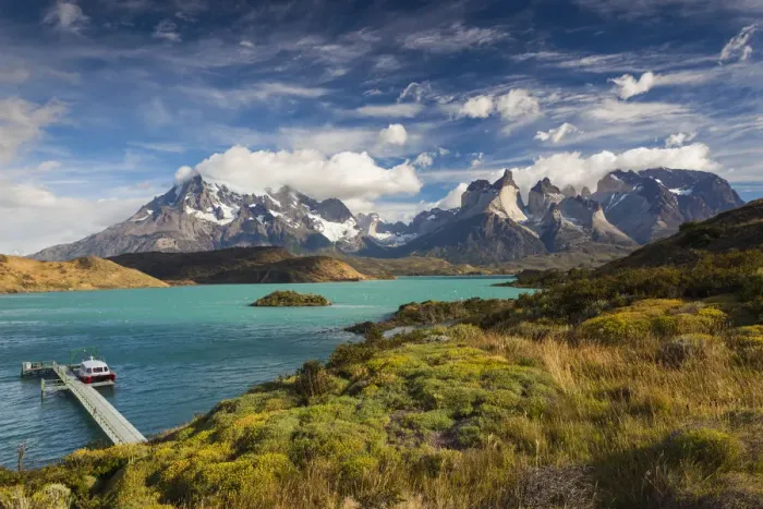 Framed Print : Chile, Magallanes Region, Torres del Paine National Park, Lago Pehoe, tour boat Framed Print : Chile, Magallanes Region, Torres del Paine National Park, Lago Pehoe, tour boat