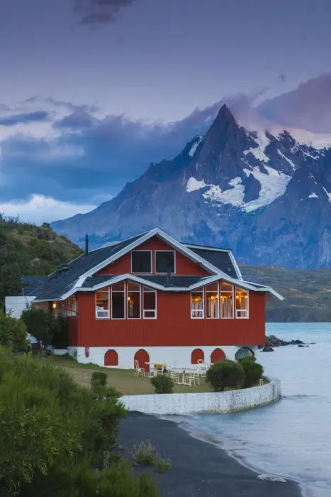 Framed Print : Chile, Magallanes Region, Torres del Paine National Park, Lago Pehoe, Hosteria Pehoe Framed Print : Chile, Magallanes Region, Torres del Paine National Park, Lago Pehoe, Hosteria Pehoe