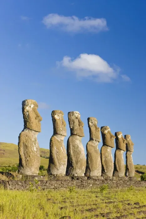 Framed Print : Chile, Rapa Nui, Easter Island, row of monolithic stone Moai statues known as Ahu Akivi Framed Print : Chile, Rapa Nui, Easter Island, row of monolithic stone Moai statues known as Ahu Akivi
