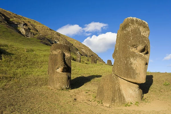 Chile, Rapa Nui, Easter Island, giant monolithic stone Maoi statues at Rano Raraku