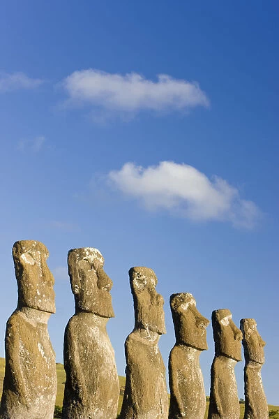 Chile, Rapa Nui, Easter Island, row of monolithic stone Moai statues known as Ahu Akivi