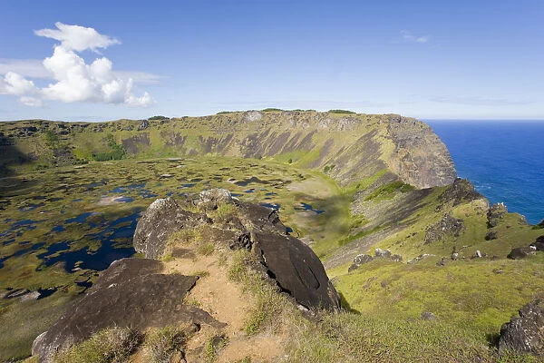 Chile, Rapa Nui, Easter Island, view from the rim into the crater of Ranu Kau