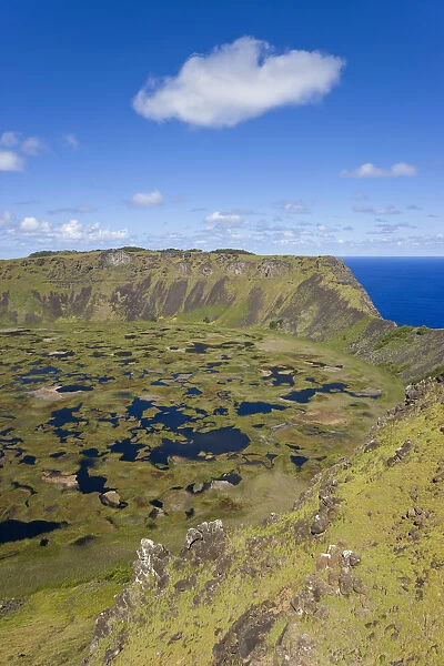 Chile, Rapa Nui, Easter Island, view from the rim into the crater of Ranu Kau