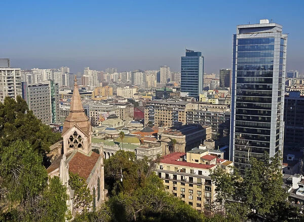Chile, Santiago, Cityscape and La Ermita Chapel viewed from the Santa Lucia Hill