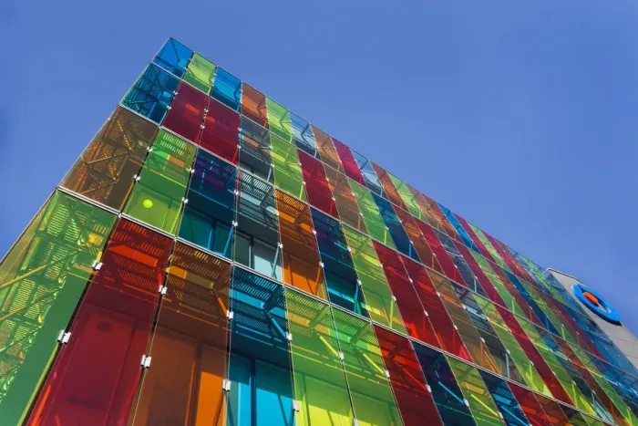 Framed Print : Chile, Santiago, Providencia-area, multi colored commercial building Framed Print : Chile, Santiago, Providencia-area, multi colored commercial building