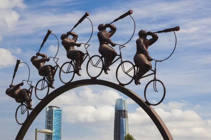 Framed Print : Chile, Santiago, Vitacura area, Parque Bicentenario park, bicyclist sculpture Framed Print : Chile, Santiago, Vitacura area, Parque Bicentenario park, bicyclist sculpture