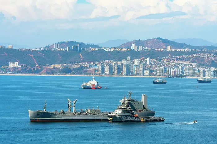 Framed Print : Chilean military ships with distant view of Vina del Mar, Valparaiso, Valparaiso Province, Valparaiso Region, Chile