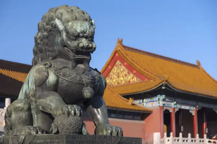 Framed Print : China, Beijing, Forbidden City, Lion outside Gate of Supreme Harmony Framed Print : China, Beijing, Forbidden City, Lion outside Gate of Supreme Harmony