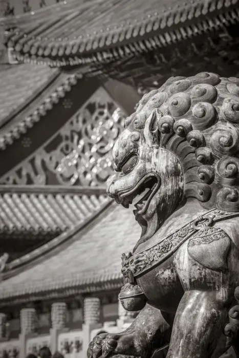 Framed Print : China, Beijing, Forbidden City, Lion outside Gate of Supreme Harmony