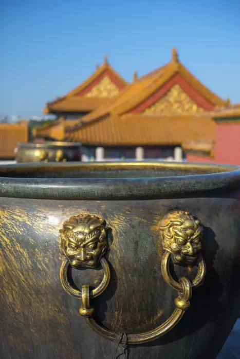 Framed Print : China, Beijing, Forbidden City, Water Vats in front of Hall of Preserving Harmony Framed Print : China, Beijing, Forbidden City, Water Vats in front of Hall of Preserving Harmony