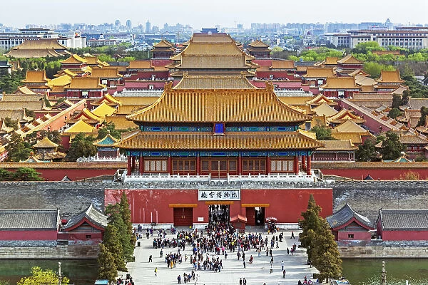 China, Beijing, The Forbidden City in Beijing looking South taken from the viewing