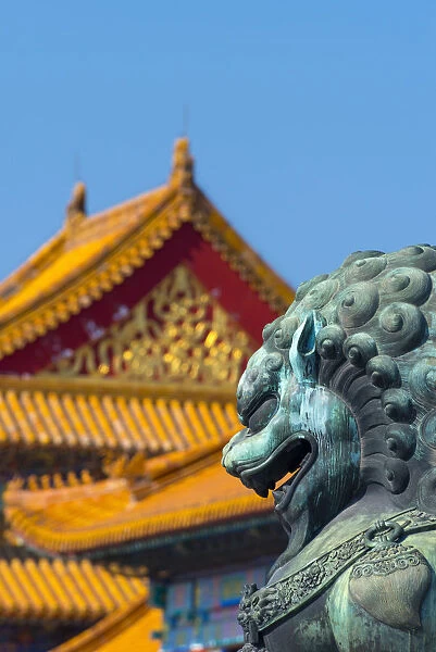 China, Beijing, Forbidden City, Lion outside Gate of Supreme Harmony