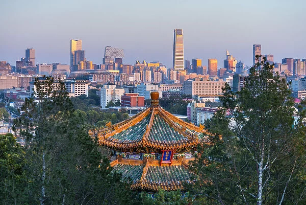 China, Beijing, Jingshan Park, Pavillion and Modern Chaoyang District skyline beyond
