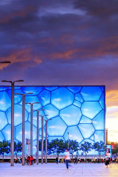 China, Beijing, Olympic park and famous birds nest stadium made of steel illuminated