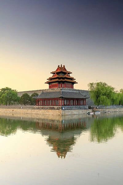 China, Beijing, Palace moat and Forbidden city at sunrise