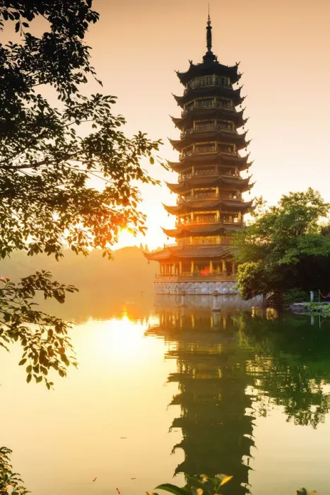 Framed Print : China, Guangxi province, Guilin, Banyan Lake Pagodas