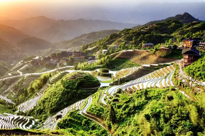Framed Print : China, Guangxi Province, Longsheng, Long Ji rice terrace filled with water in Framed Print : China, Guangxi Province, Longsheng, Long Ji rice terrace filled with water in