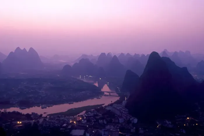Framed Print : China, Guangxi Province, Yangshuo. The view from above Yangshuo just before sunrise Framed Print : China, Guangxi Province, Yangshuo. The view from above Yangshuo just before sunrise