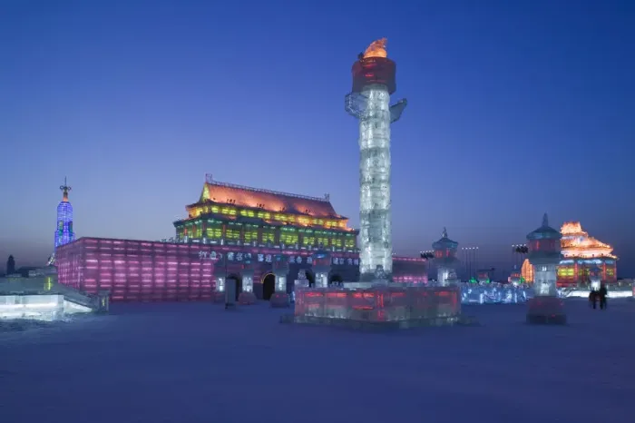 Framed Print : China, Heilongjiang, Harbin, Ice and Snow Festival, Buildings built of ice, Gate of Framed Print : China, Heilongjiang, Harbin, Ice and Snow Festival, Buildings built of ice, Gate of