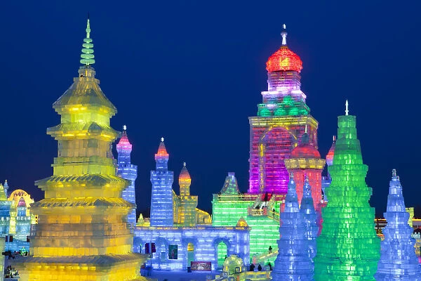 China, Heilongjiang Province, Harbin. Ice sculptures at the Harbin Ice and Snow Festival
