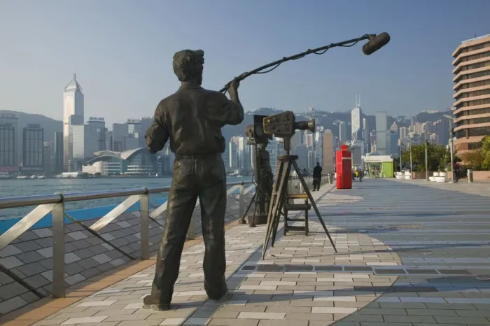 Framed Print : China, Hong Kong, Kowloon, Avenue of the Stars by Victoria Harbour, statue of TV interview Framed Print : China, Hong Kong, Kowloon, Avenue of the Stars by Victoria Harbour, statue of TV interview