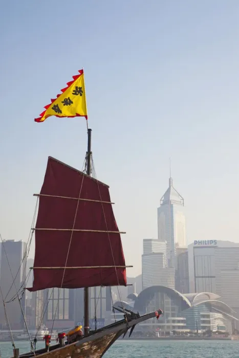 Framed Print : China, Hong Kong, Kowloon, Victoria Harbour, Junk Boat Sail and City Skyline in Background