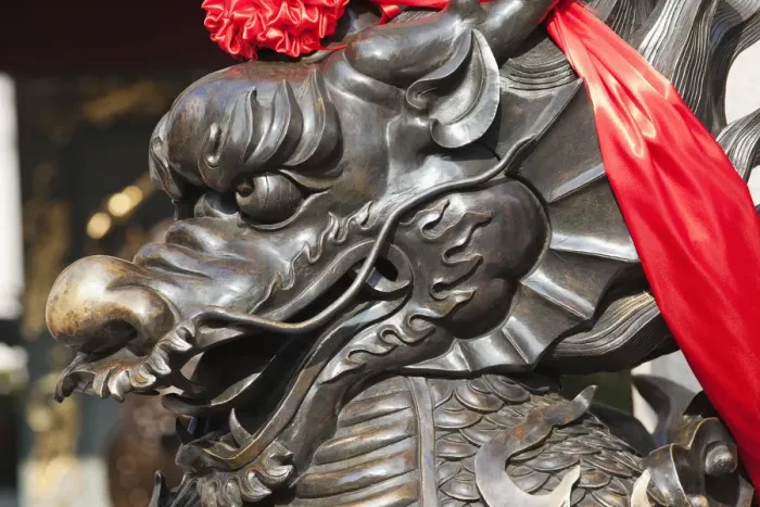 Framed Print : China, Hong Kong, Kowloon, Wong Tai Sin, Wong Tai Sin Temple, Bronze Dragon Statue