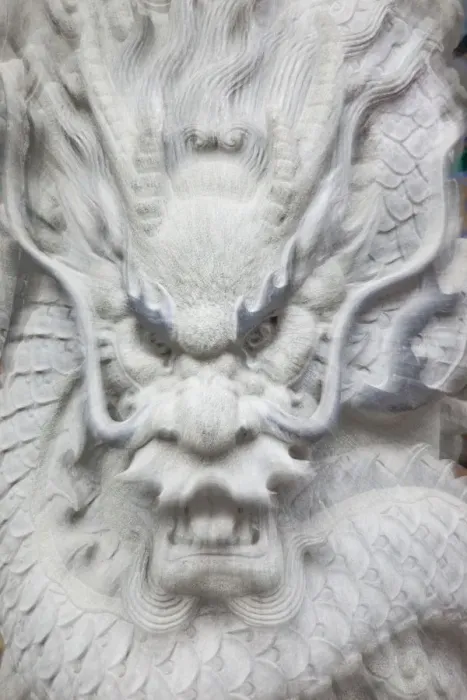 Framed Print : China, Hong Kong, Kowloon, Wong Tai Sin, Wong Tai Sin Temple, Detail of Dragon Statue