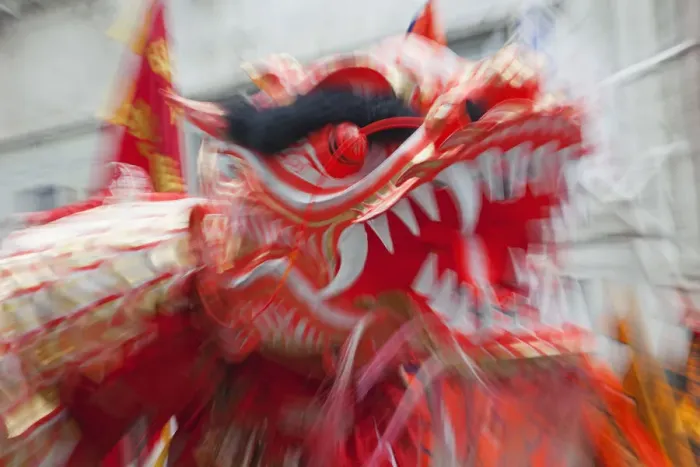 Framed Print : China, Hong Kong, Tai Kok Tsui Temple Fair, Dragon Dance