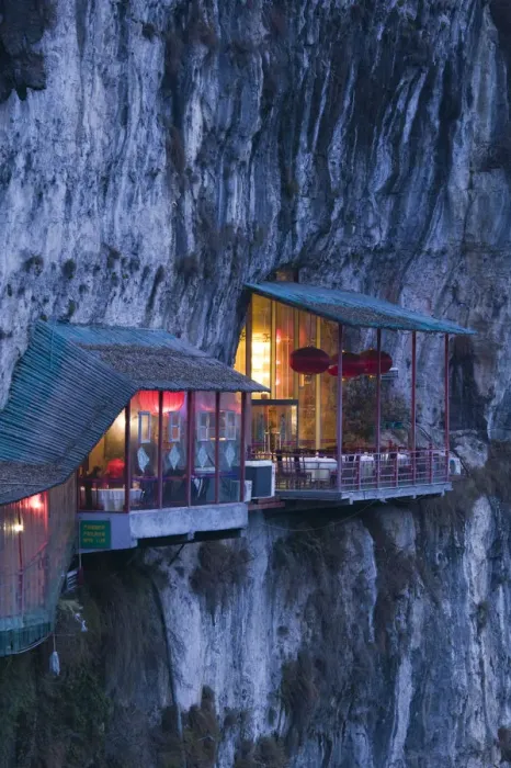 Framed Print : China, Hubei Province, Yichang, Hanging Restaurant by 3 Travelers Cave Park near Yangtze Framed Print : China, Hubei Province, Yichang, Hanging Restaurant by 3 Travelers Cave Park near Yangtze
