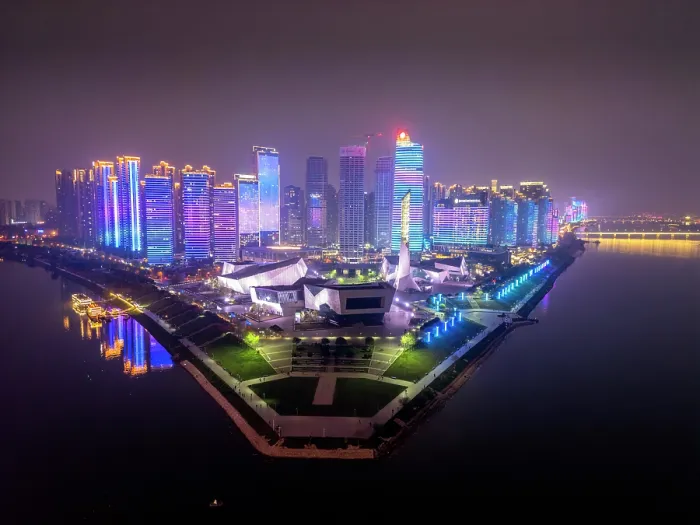 Framed Print : China, Hunan Province, Changsha City. Delta of Xiang and Liuyang Rivers. Binjang Cultural Park with Changsha Concert Hall, Museum, Planning Exhibition Hall and Library