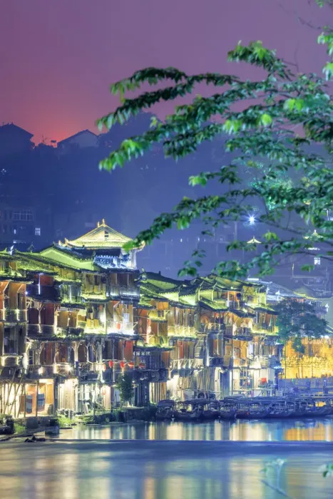Framed Print : China, Hunan province, Fenghuang, riverside houses