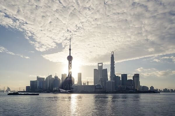 China, Shanghai. Pudong business district cityscape at sunrise