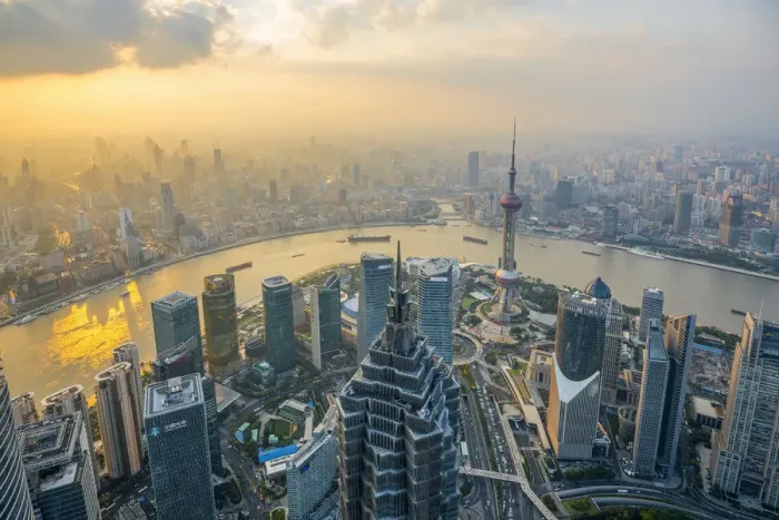 Framed Print : China, Shanghai, View over Pudong Financial District, Huangpu River beyond