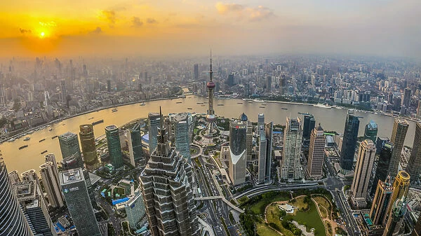 China, Shanghai, View over Pudong Financial District, Huangpu River beyond