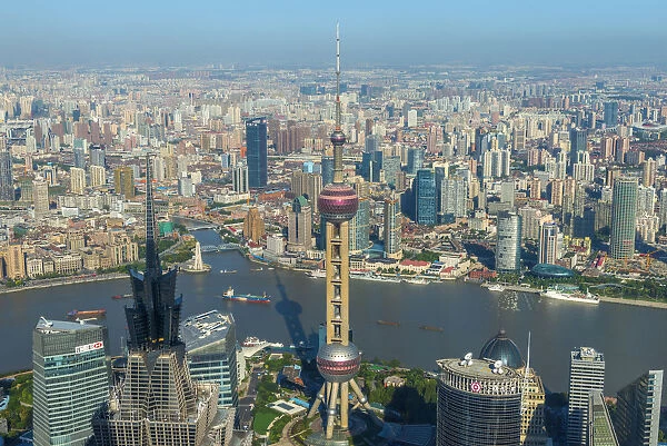 China, Shanghai, View over Pudong Financial District, Oriental Pearl Tower and Huangpu