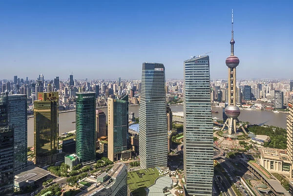 China, Shanghai, View over Pudong Financial District, Oriental Pearl Tower