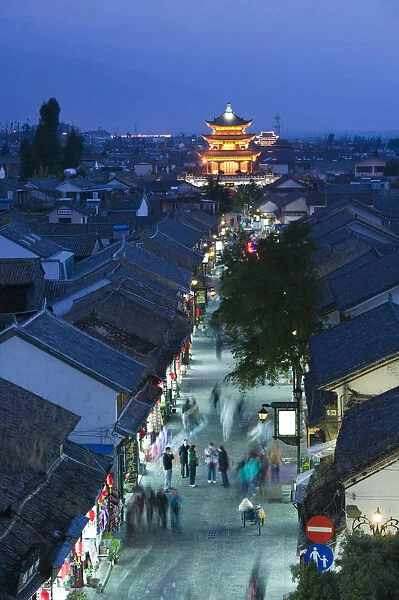 China, Yunnan Province, Dali, Old Town, Pedestrian Zone on Wenxian Lu with Wuhua Building