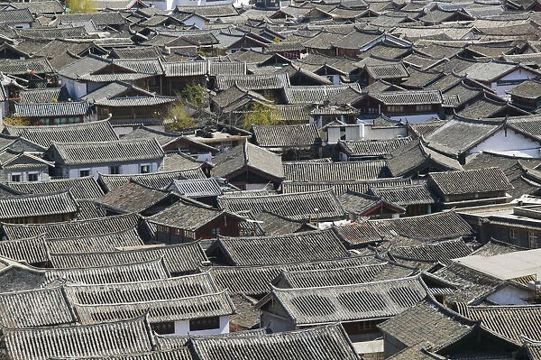 China, Yunnan Province, Lijiang, Rooftops of Old Town from Shizi Shan