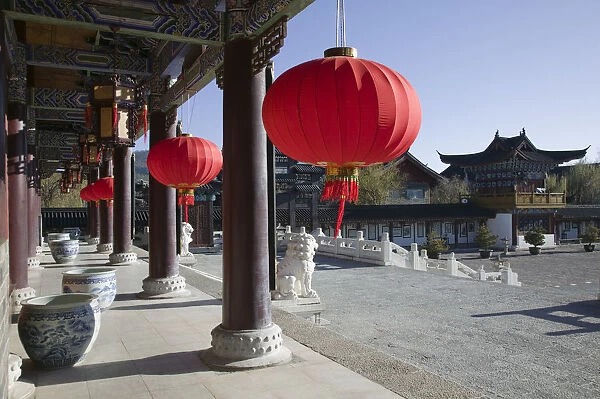 China, Yunnan Province, Lijiang, Old Town, Red Lanterns at the Mu Family Mansion