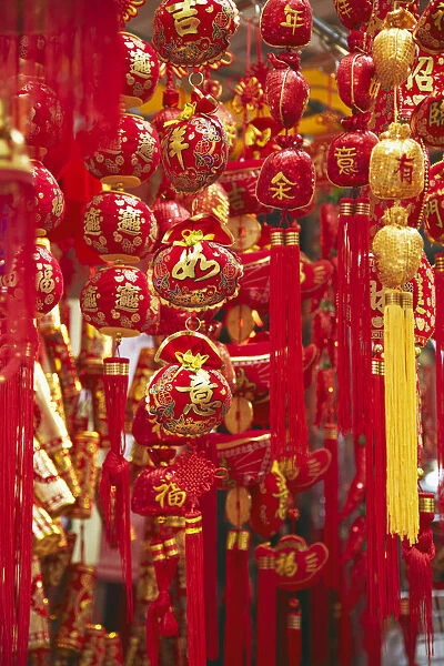 Chinese New Year decorations at market, Wan Chai, Hong Kong, China