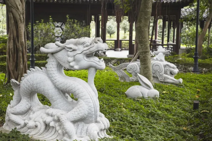 Framed Print : Chinese Zodiac statues in Kowloon Walled City, Kowloon, Hong Kong, China