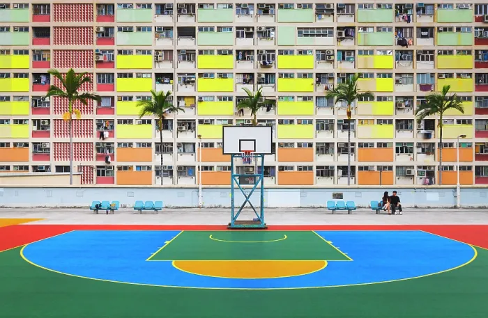 Framed Print : Choi Hung Estate rooftop basketball court and rainbow buildings, Ngau Chi Wan, Kowloon, Hong Kong, China