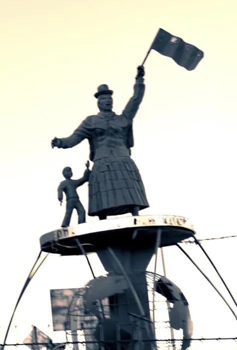 Framed Print : Cholita Woman And Child Statue, Waving Indigenous Aymaran Flag, El Alto, Bolivia