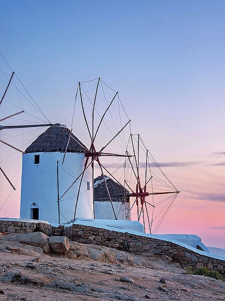 Chora Windmills at dusk, Mykonos Town, Mykonos Island, Cyclades, Greece