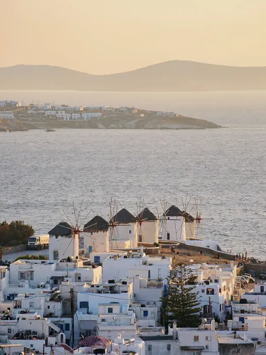 Framed Print : Chora Windmills at sunset, elevated view, Mykonos Town, Mykonos Island, Cyclades, Greece Framed Print : Chora Windmills at sunset, elevated view, Mykonos Town, Mykonos Island, Cyclades, Greece