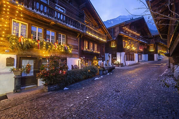 Christmas decorations in the Brunngasse street. Brienz, Canton of Bern, Switzerland