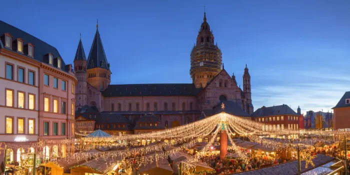 Framed Print : Christmas Market at dusk, Mainz, Rhineland-Palatinate, Germany