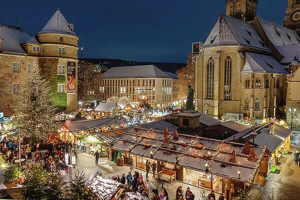 Christmas market, on Schillerplatz square in front of Stiftskirche church, Stuttgart, Baden-Wurttemberg; Germany