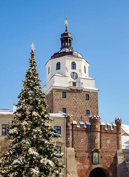 Christmas Tree and The Cracow Tower, winter, Lublin, Lublin Voivodeship, Poland